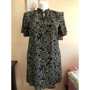 Banana Republic Navy and Olive Green Floral Mini Shift Dress Short Sleeves